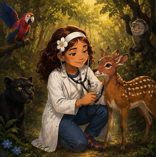 Annette giving a gentle checkup to a spotted fawn in the forest.