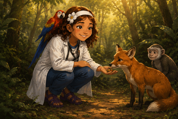 Annette crouched down feeding a fox from her hand, a scarlet macaw on her shoulder.