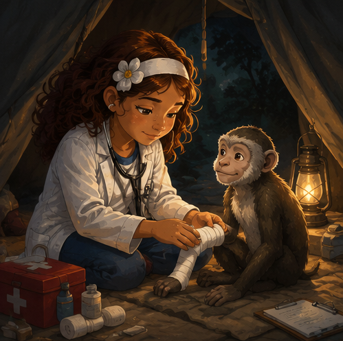 Annette bandaging a small monkey's arm by lantern light inside a canvas tent.