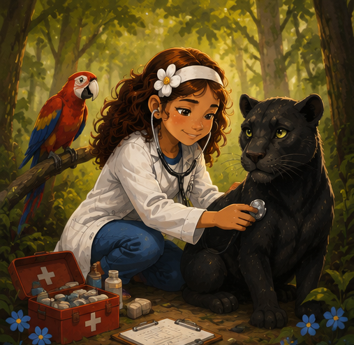 Annette using her stethoscope on a calm black panther in the sunlit jungle.