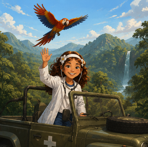 Annette riding in a jungle jeep, waving up at a scarlet macaw flying overhead with a waterfall in the background.
